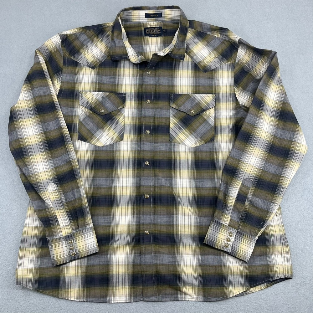 Pendleton Frontier Mens XXL Western Plaid Snap Button Shirt Olive Green Gray